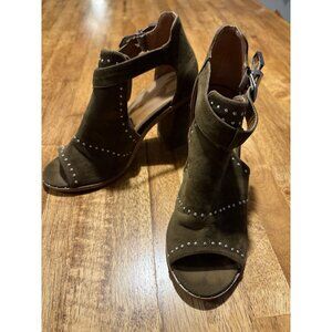 Olive Green Suede Peep-Toe Block Heel Ankle Booties Studded Size 7 Glam Biker
